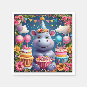 Serviette En Papier Hippopotame d'anniversaire avec gâteau et ballons