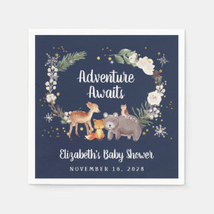 Serviette En Papier Hiver Bois Animaux Baby shower bleu