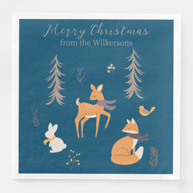 Serviette En Papier Hiver Bois Animaux Folk Art Bleu Noël (Devant)
