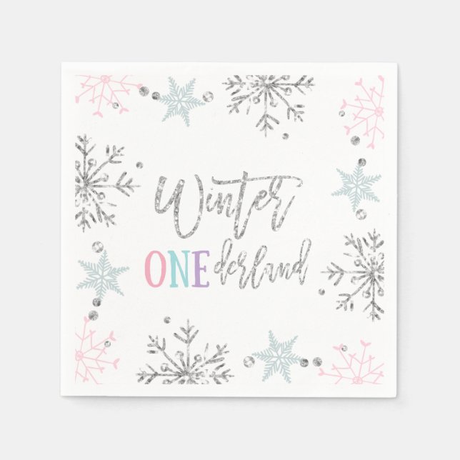 Serviette En Papier Hiver ONE derland Argent Floral Rose Parties scint (Devant)