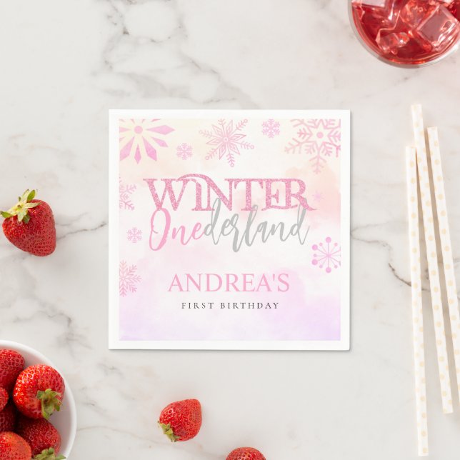 Serviette En Papier Hiver ONE derland Snowflakes Fille 1er anniversair (En situation)