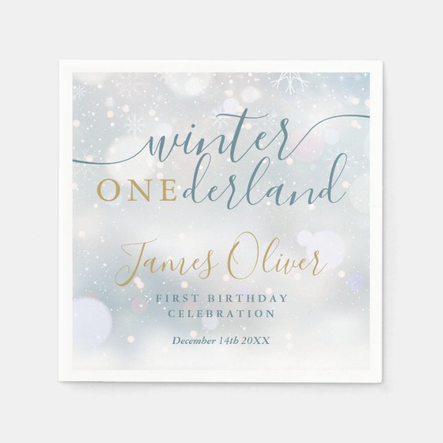 Serviette En Papier Hiver Onederland 1er anniversaire Bleu et or (Devant)
