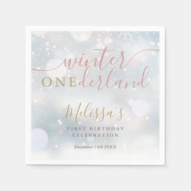 Serviette En Papier Hiver Onederland 1er anniversaire rose et or (Devant)