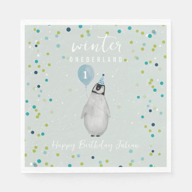 Serviette En Papier Hiver Onederland Bleu Anniversaire Balloon Penguin (Devant)