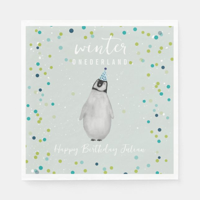 Serviette En Papier Hiver Onederland Blue Anniversaire Penguin Confett (Devant)