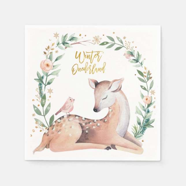 Serviette En Papier Hiver ONEderland Gold Deer Greenery Woodland (Devant)