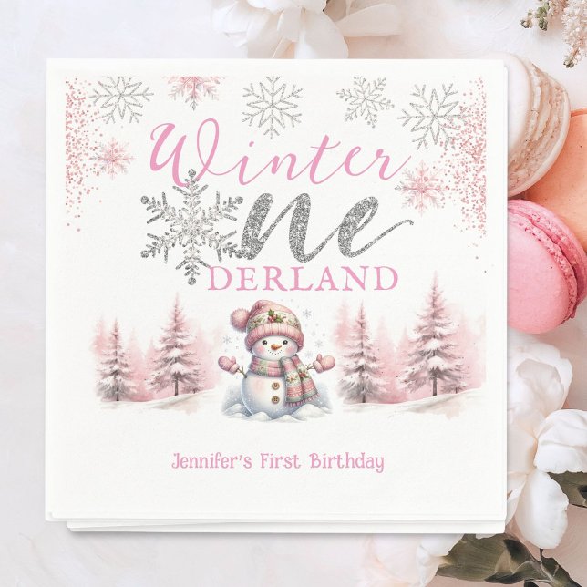 Serviette En Papier Hiver Onederland Pink Silver Parties scintillant 1 (Créateur téléchargé)