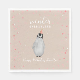 Serviette En Papier Hiver Onederland rose Anniversaire Penguin Anniver