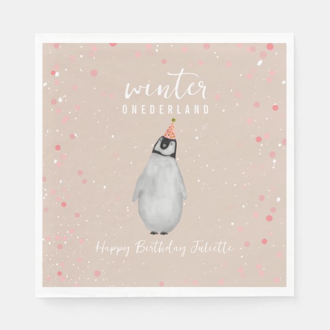 Serviette En Papier Hiver Onederland rose Anniversaire Penguin Anniver (Devant)
