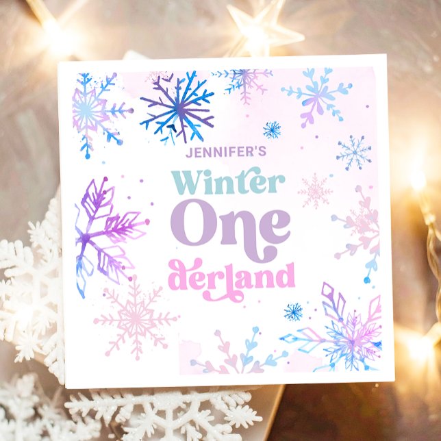 Serviette En Papier Hiver Onederland Snowflakes Fille Neige Anniversai (Créateur téléchargé)