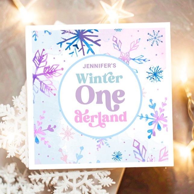 Serviette En Papier Hiver Onederland Snowflakes Fille Neige Anniversai (Créateur téléchargé)