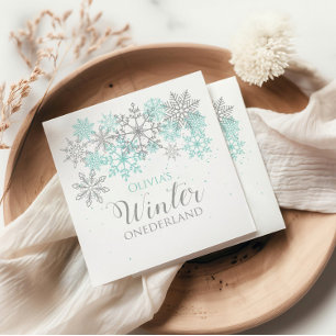 Serviette En Papier Hiver Onederland Turquoise Argent Premier annivers
