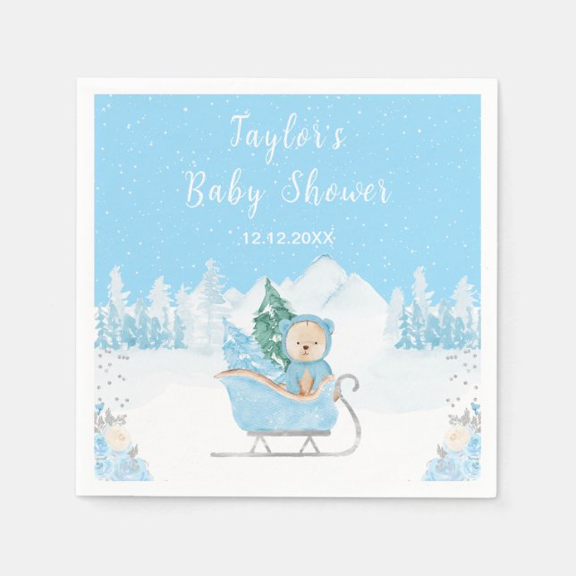 Serviette En Papier Hiver Ours Bleu Baby shower couleigh (Devant)