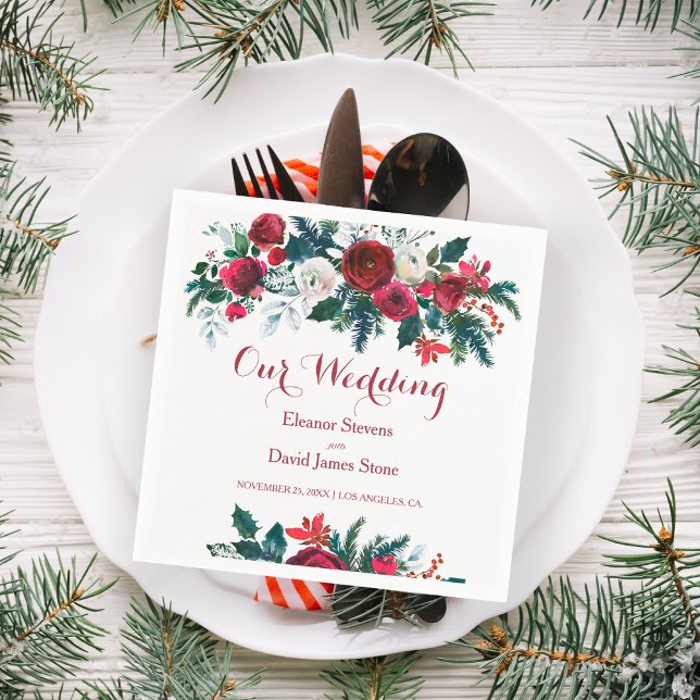 Serviette En Papier Hiver rustique bordeaux pin vert mariage floral (Créateur téléchargé)