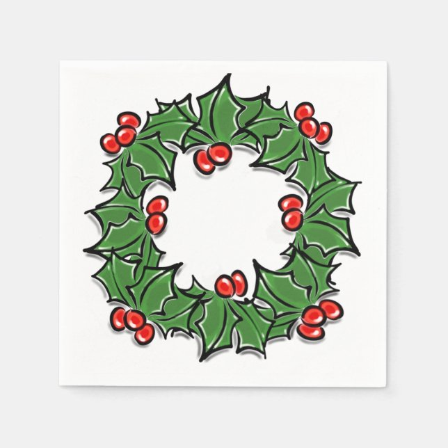 Serviette En Papier Holly Feuilles, Holly Berries, couronne de Noël (Devant)