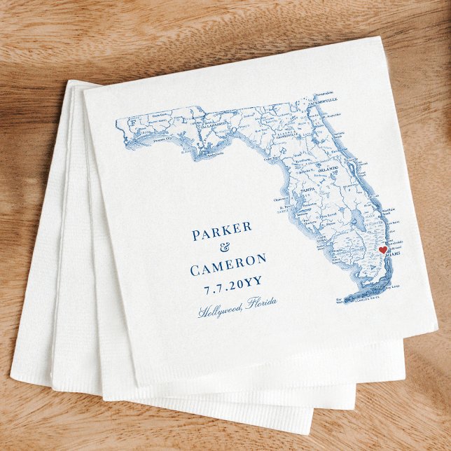 Serviette En Papier Hollywood Florida Carte Mariage élégant (These elegant Hollywood Florida napkins feature a map of Florida perfect for your reception)