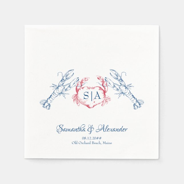 Serviette En Papier Homard Monogramme nautique Script Marine Mariage (Devant)