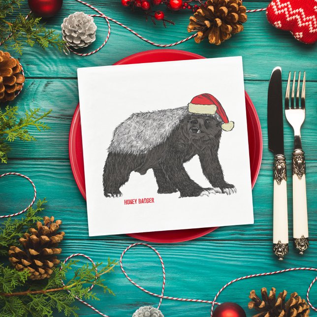 Serviette En Papier Honey Badger Funny Badass Festive Père Noël Humour (Christmas honey badger wearing a Santa hat wild animal art holiday party napkin)