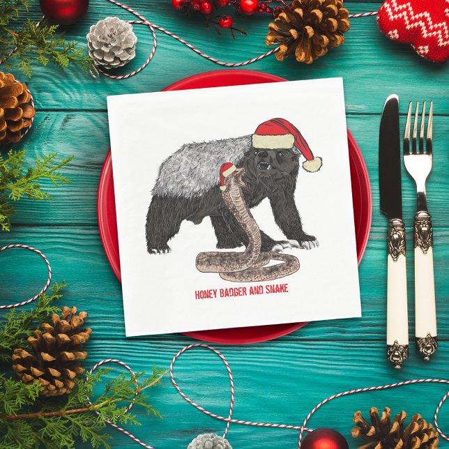 Serviette En Papier Honey Badger & Snake Funny Badass Noël (Christmas honey badger and snake wearing santa hat paper napkins)