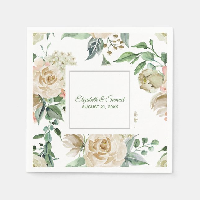 Serviette En Papier Hortensia Rose Crème Beige Mariée Marié Mariage (Devant)