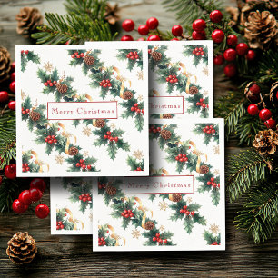 Serviette En Papier Houx de Noël Baies Rouges Cônes de Pin Ruban Doré