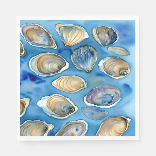 Serviette En Papier Huîtres Clams Coquillages Aquarelle Bleu (Devant)