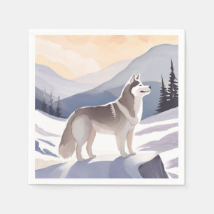 Serviette En Papier Husky d'Alaska Aquarelle Dog Mountain