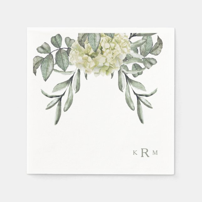 Serviette En Papier Hydrangea Foliage Sage Monogramme Cocktail Serviet (Devant)