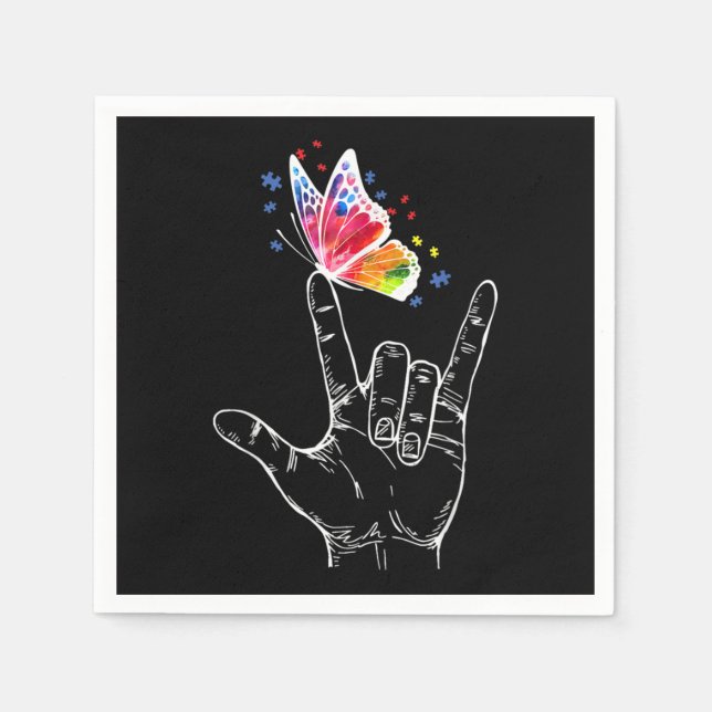 Serviette En Papier I Love You Hand Sign Language Butterfly Autism (Devant)