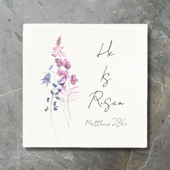 Serviette En Papier Il est ressuscité Purple Floral Script Religieux P (He is Risen Purple Floral Script Religious Easter Napkins)