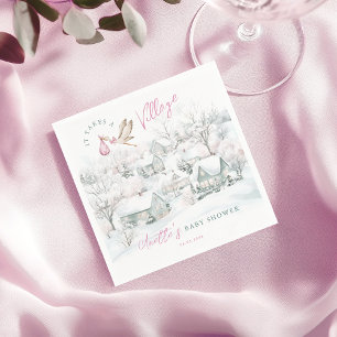 Serviette En Papier Il prend un Baby shower de cigogne rose village