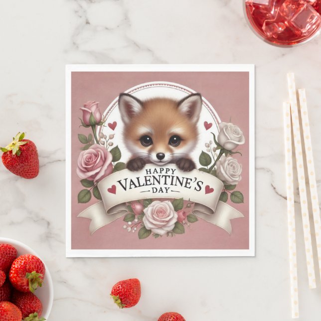 Serviette En Papier Illustration adorable de Fox avec Rose (En situation)