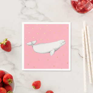 Serviette En Papier Illustration de baleines bélugas Dots dorés rose
