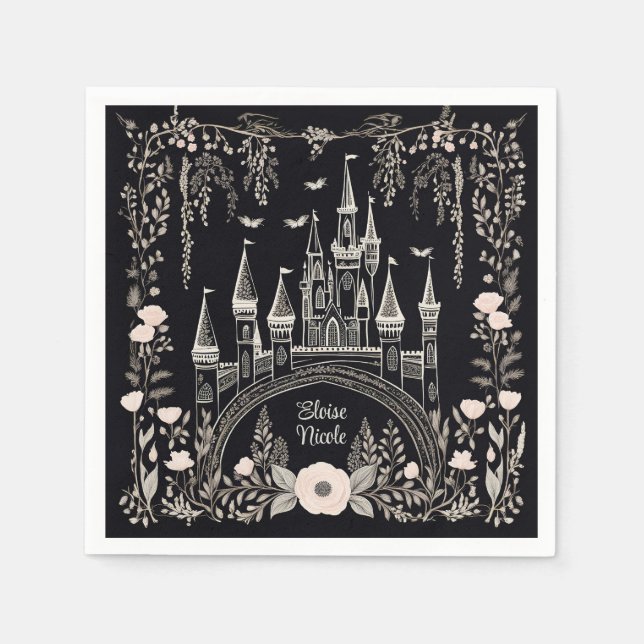 Serviette En Papier Illustration du château de Fairytale noir et blanc (Devant)