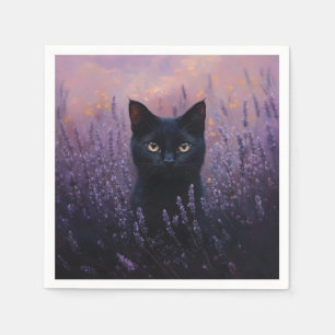 Serviette En Papier Illustration d'un chat noir dans un champ de lavan