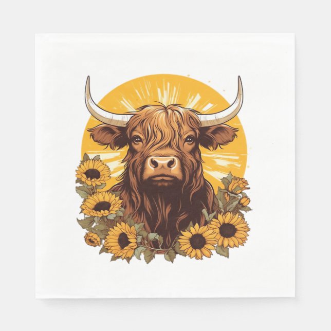 Serviette En Papier Illustration d'une vache des Highlands avec Sunflo (Devant)