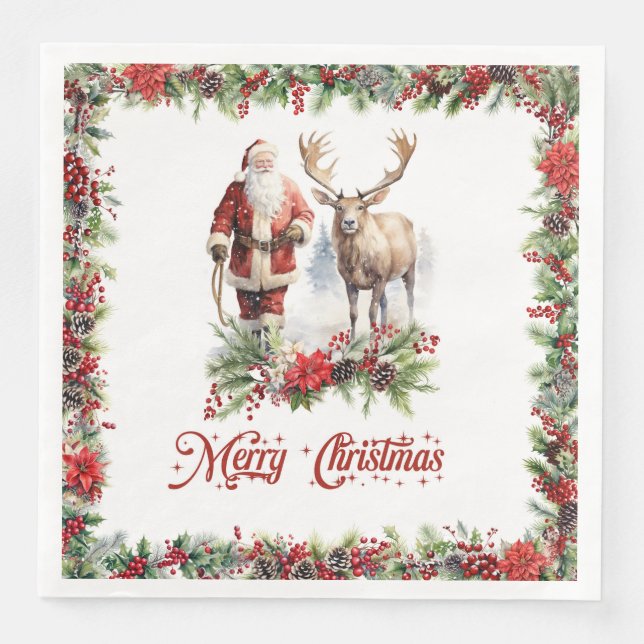 Serviette En Papier Illustration durable à Père Noël avec rennes (Devant)