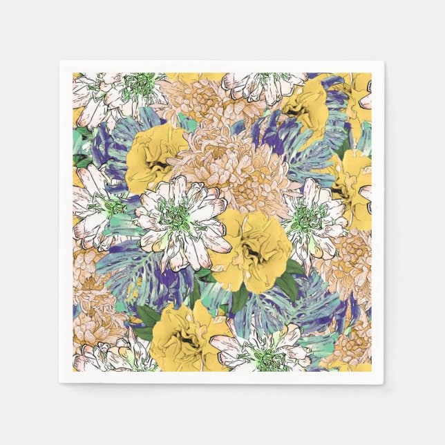 Serviette En Papier Illustration florale tendance jaune et vert (Devant)