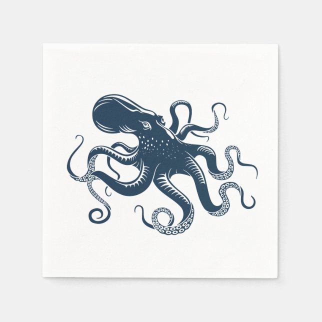 Serviette En Papier Illustration nautique de la pieuvre bleue marine (Devant)