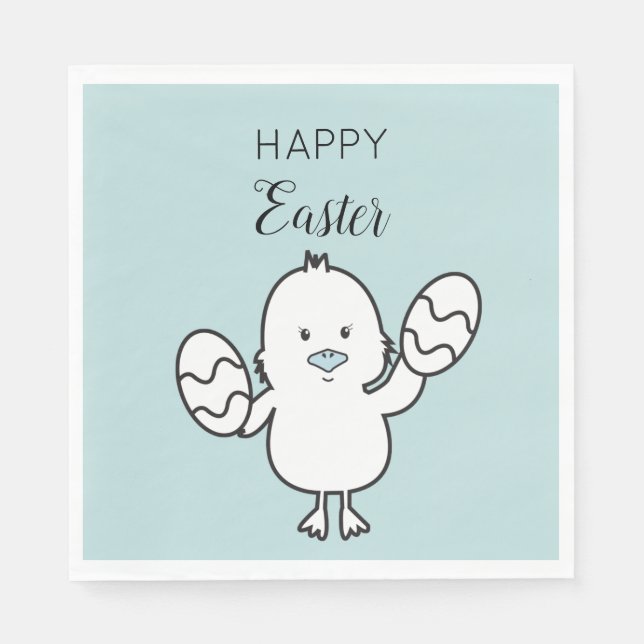 Serviette En Papier Illustration Pastel Blue Cute Easter Chick & Oeufs (Devant)