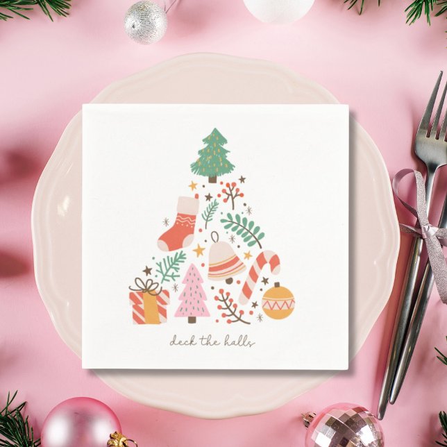Serviette En Papier Illustration Retro Christmas Deck the Halls (Illustrated Retro Christmas Deck the Halls Napkins)