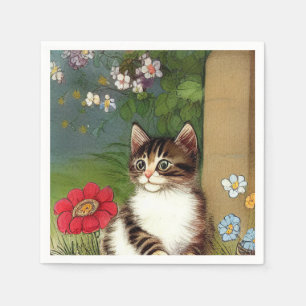 Serviette En Papier Illustration vintage de chat avec fleurs de printe