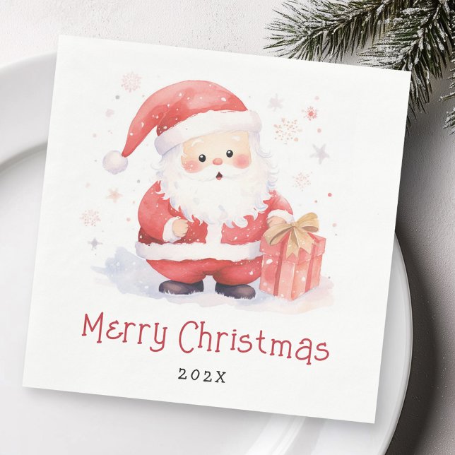 Serviette En Papier Image d'aquarelle Père Noël jolie Joyeux Noël (Cute Santa watercolor illustration Merry Christmas Napkins)