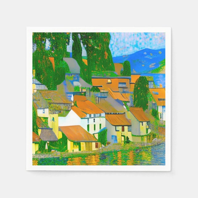 Serviette En Papier Impressionist  Mediterranean Village by the Sea   (Devant)