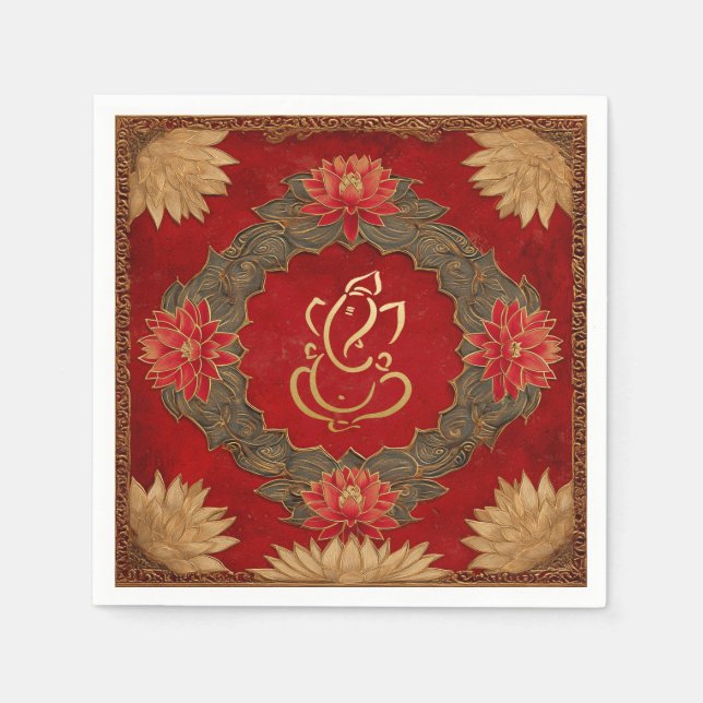 Serviette En Papier Indien Ganesh Rouge or traditionnel Lotus Mariage (Devant)