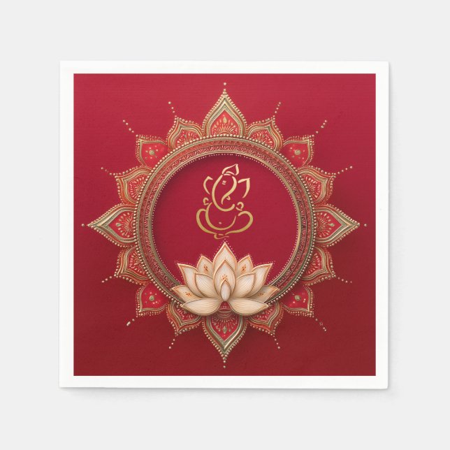 Serviette En Papier Indien Ganesh Rouge traditionnel Lotus Mariage (Devant)