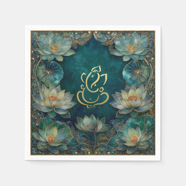 Serviette En Papier Indien Ganesh Vert or traditionnel Lotus Mariage (Devant)