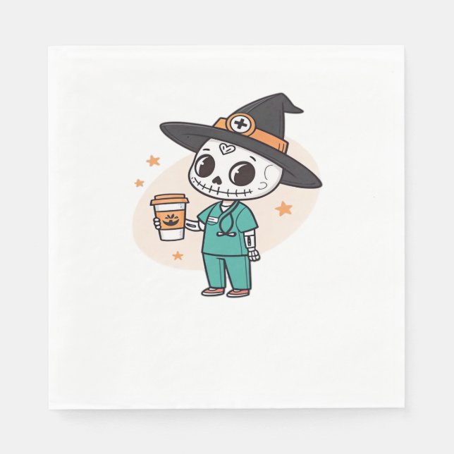 Serviette En Papier Infirmière d'Halloween avec café portant des sorci (Devant)