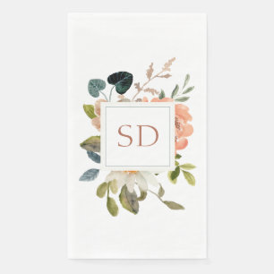 Serviette En Papier Initiales de couple en aquarelle florale élégante 