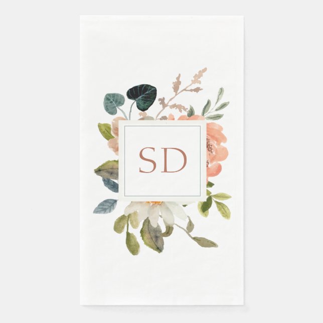 Serviette En Papier Initiales de couple en aquarelle florale élégante  (Devant)